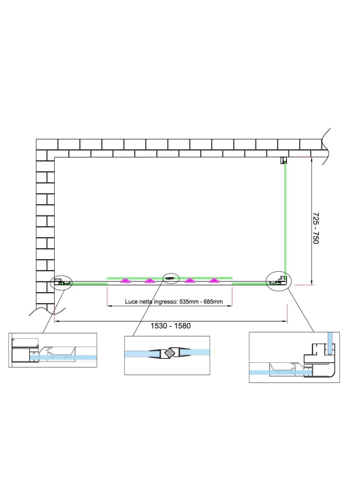 Box doccia 6 mm H 190 parete fissa e porta a 4 ante con apertura centrale MISURA 72,5-75 ANTA FISSA + PORTA 153-158