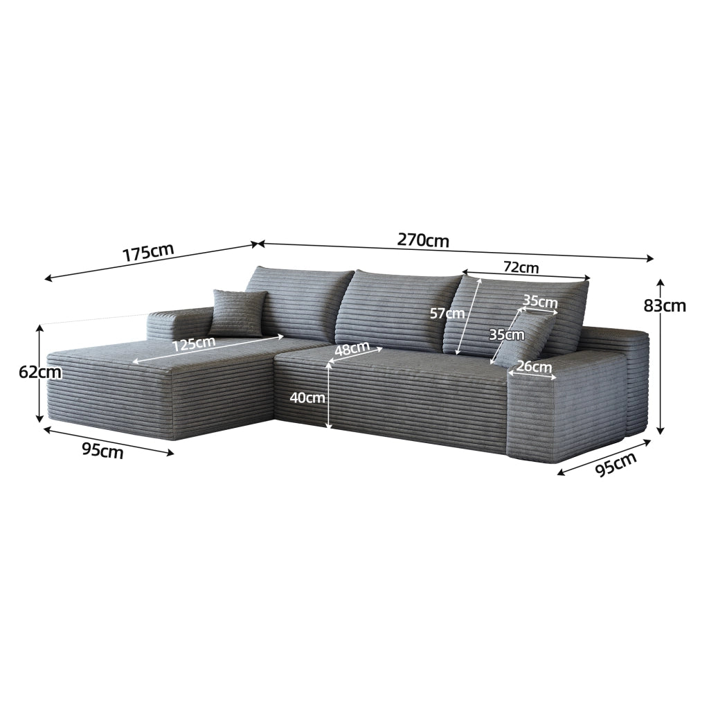 Canapé d'angle modulare senza montaggio con seduta profonda in tessuto a coste grigio per soggiorno 270 cm