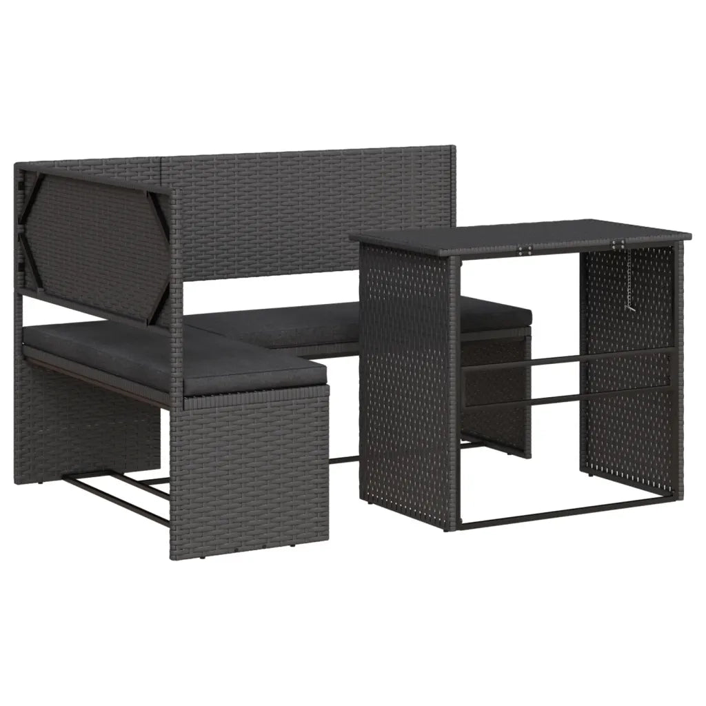 Divano da Giardino con Tavolo e Cuscini a L Nero in Polyrattan 362347