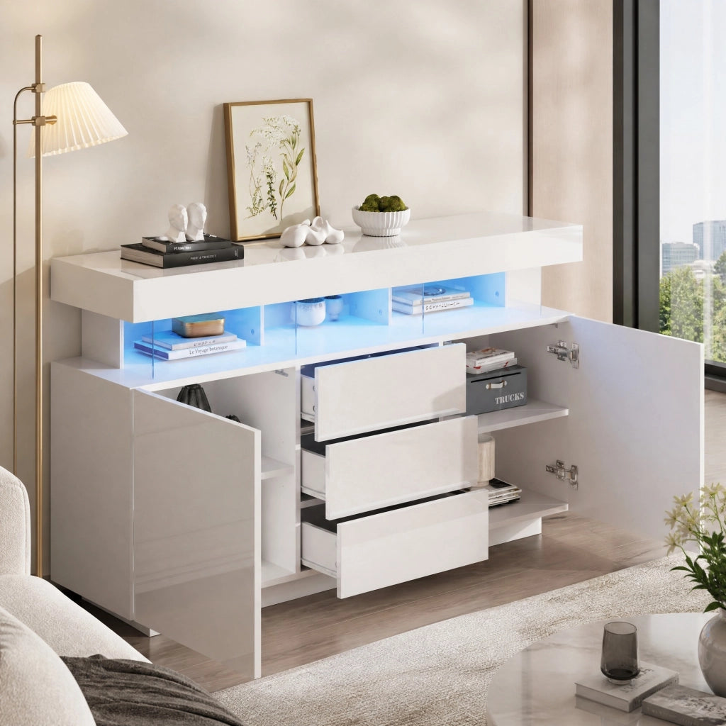 Sideboard moderno 140 x 35 x 80 cm bianco lucido con LED, 3 cassetti e 2 ante
