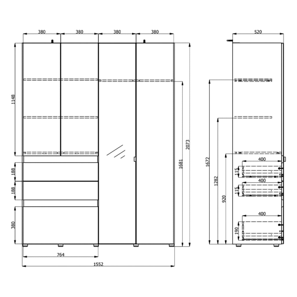 Armadio Camera da Letto Ushuaia, Guardaroba Grande 3 Cassetti, 155x208h cm Bianco Opaco
