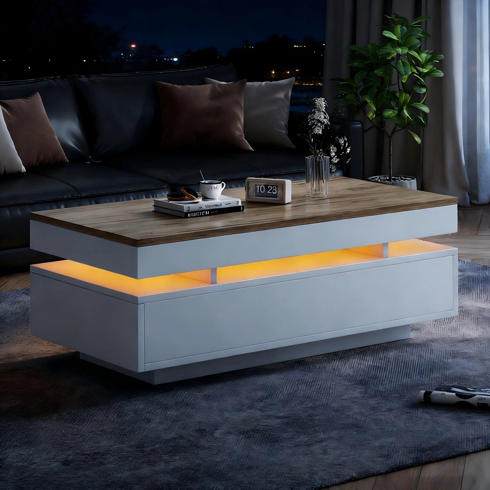 Tavolino da Caff¨¨ con 2 Cassetti e LED ¨C MINIMAL ¨C Bianco/Legno, 100x50x35