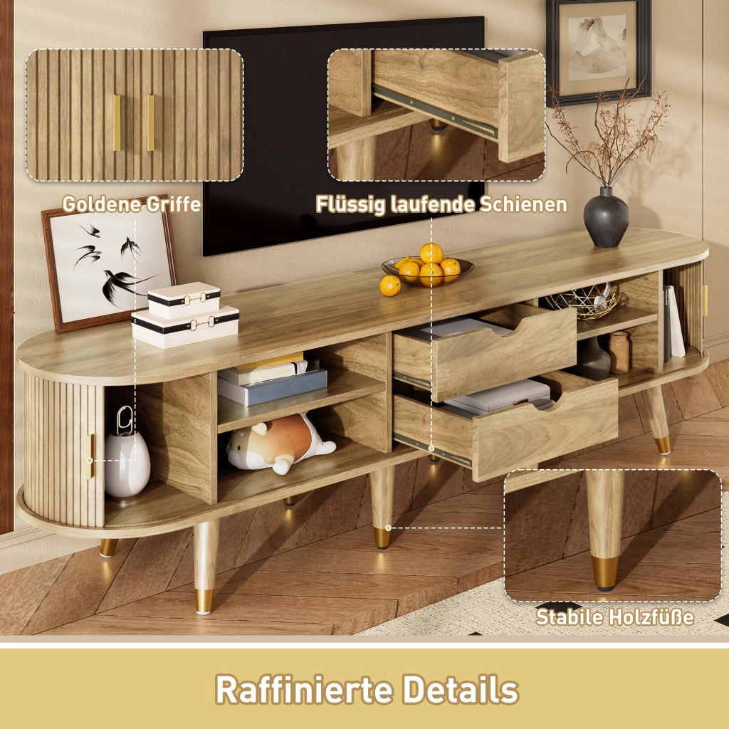 Mobile TV con 2 Ante Scorrevoli; 2 Cassetti e Vani a Giorno; Stile Naturale; 175??38??45 cm; in MDF; Rovere