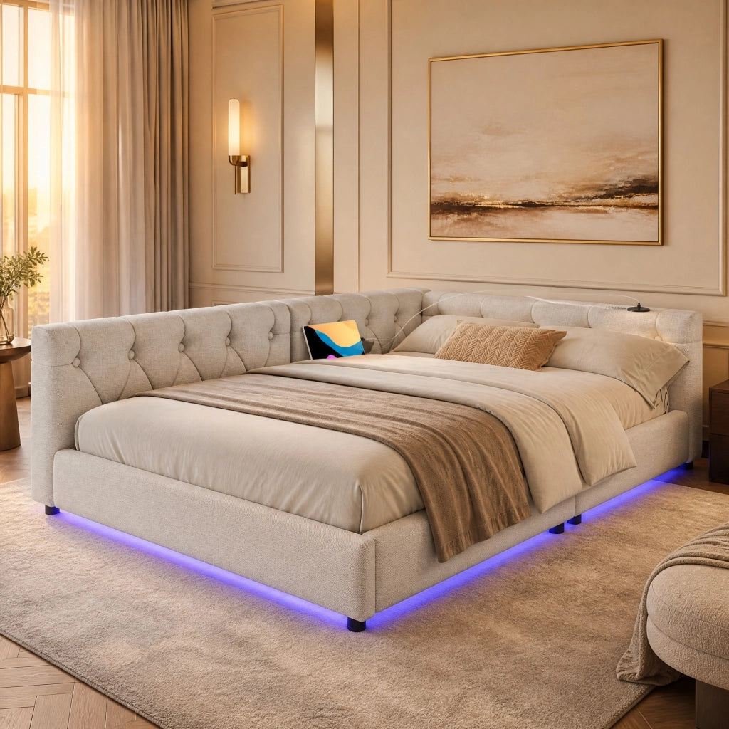 LETTO da giorno 90x200 cm in lino beige con USB, Type-C e LED