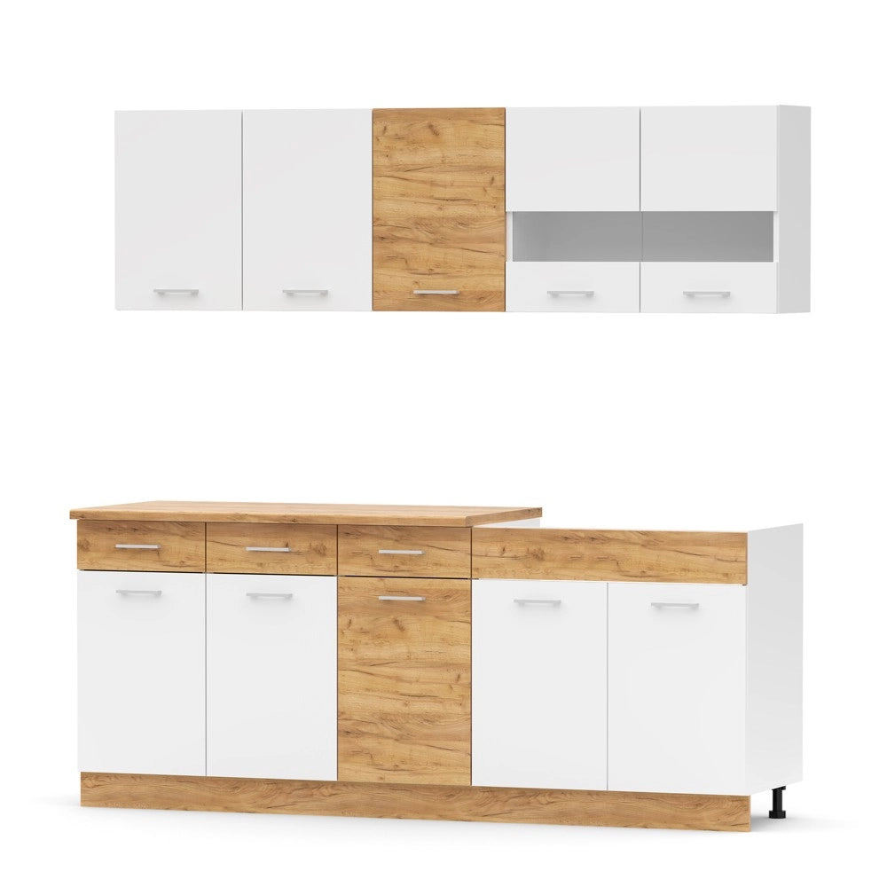Cucina monoblocco 200 cm Erika bianco e rovere con lavello e pensili