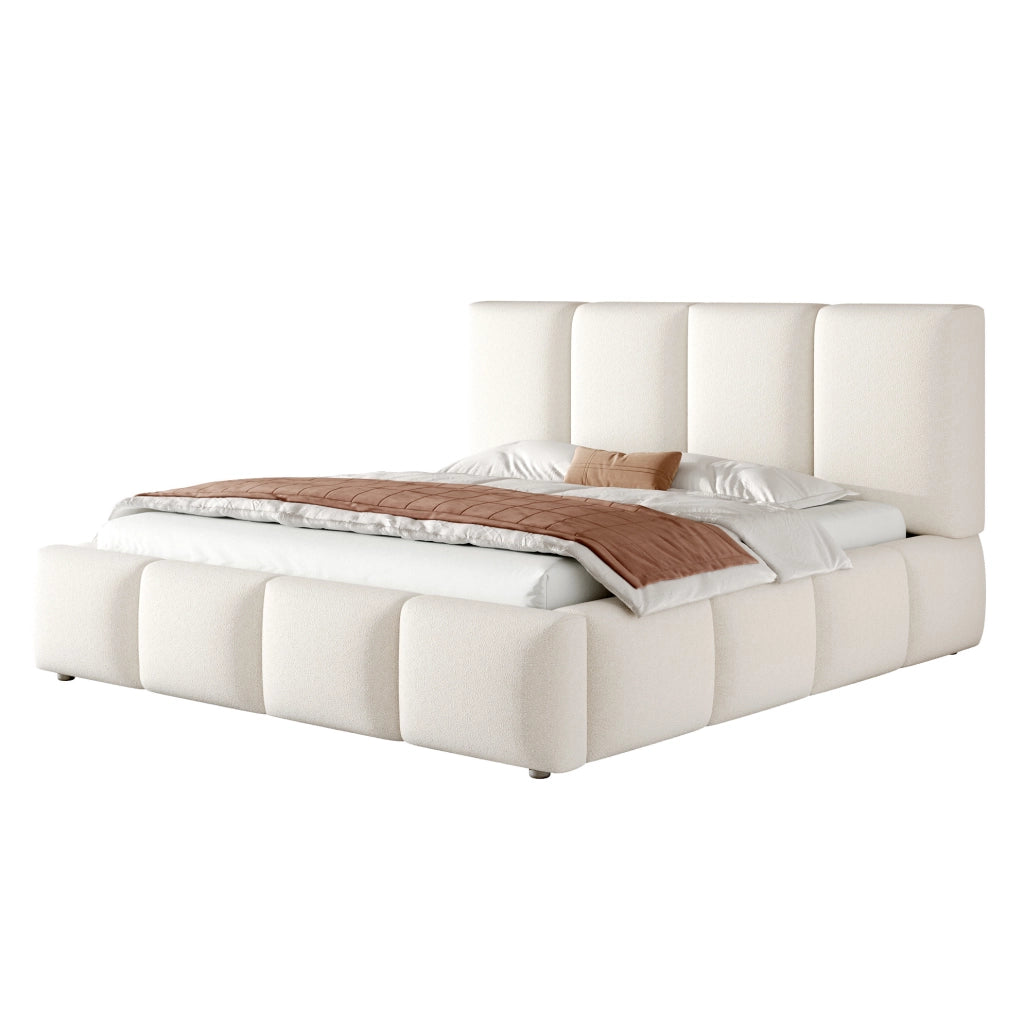 Letto matrimoniale 180x200 cm con contenitore idraulico e rete a doghe; bouclé bianco