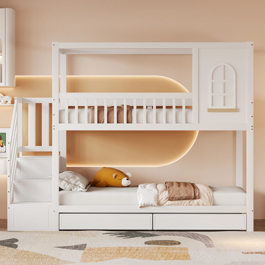 Letto a castello 90x200 cm con scala di sicurezza e cassetti in legno bianco