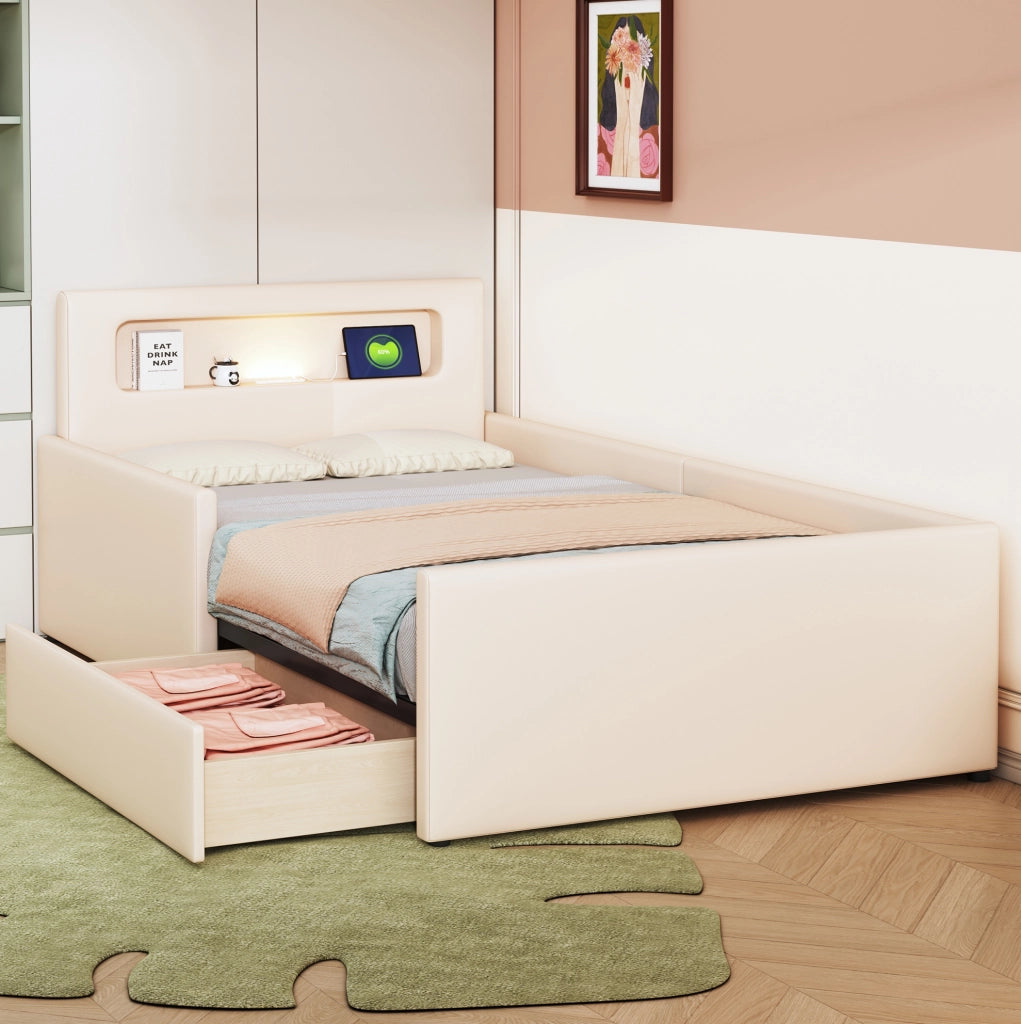 Letto imbottito per bambini beige 90 x 200 cm con luce e USB