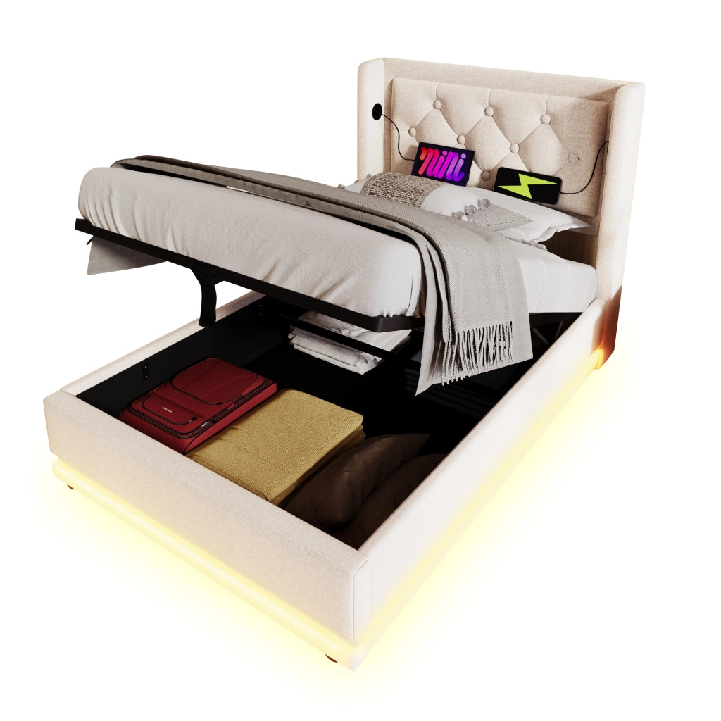 OKWISH Letto Contenitore 90×200 cm, Letto Singolo con USB, Tipo C, LED Regolabile e Testiera Imbottita, senza Materasso, Beige