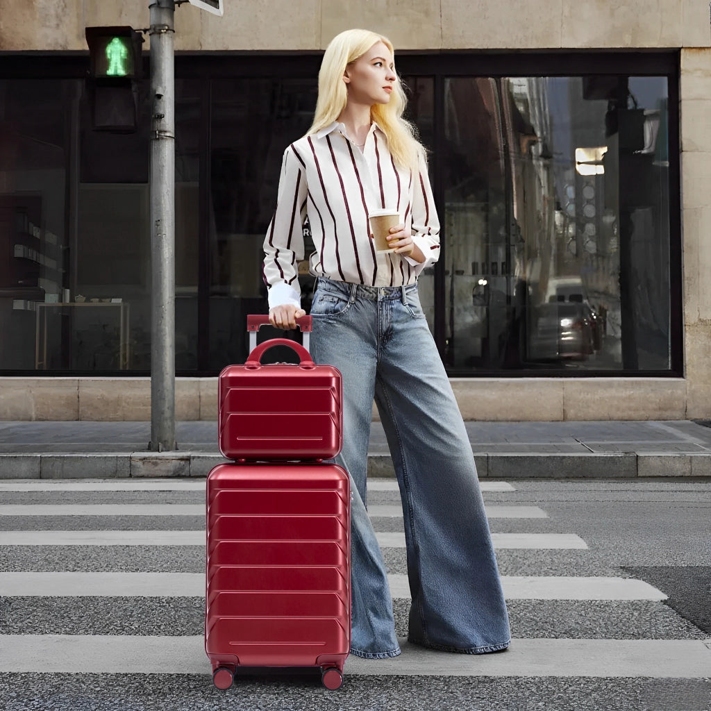 Set di due valigie girevoli in ABS da 14"/19" con lucchetto a combinazione e trousse da 14" (bordeaux)
