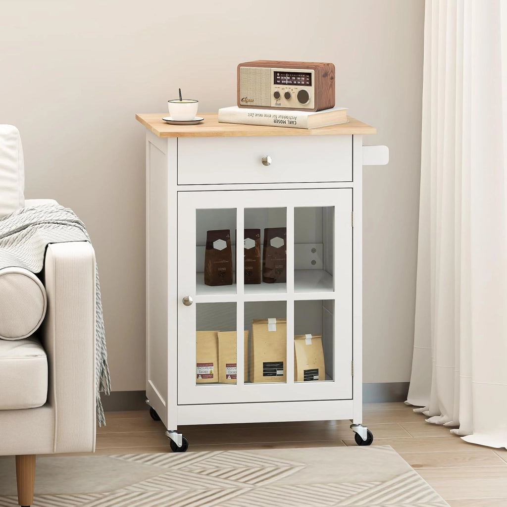 Carrello da Cucina, Armadietto Mobile con Piano in Legno di Gomma Ruote Bloccabili Cassetto e Porta Asciugamani, Carrello Isola da Cucina, 65x48,5x87,5 cm