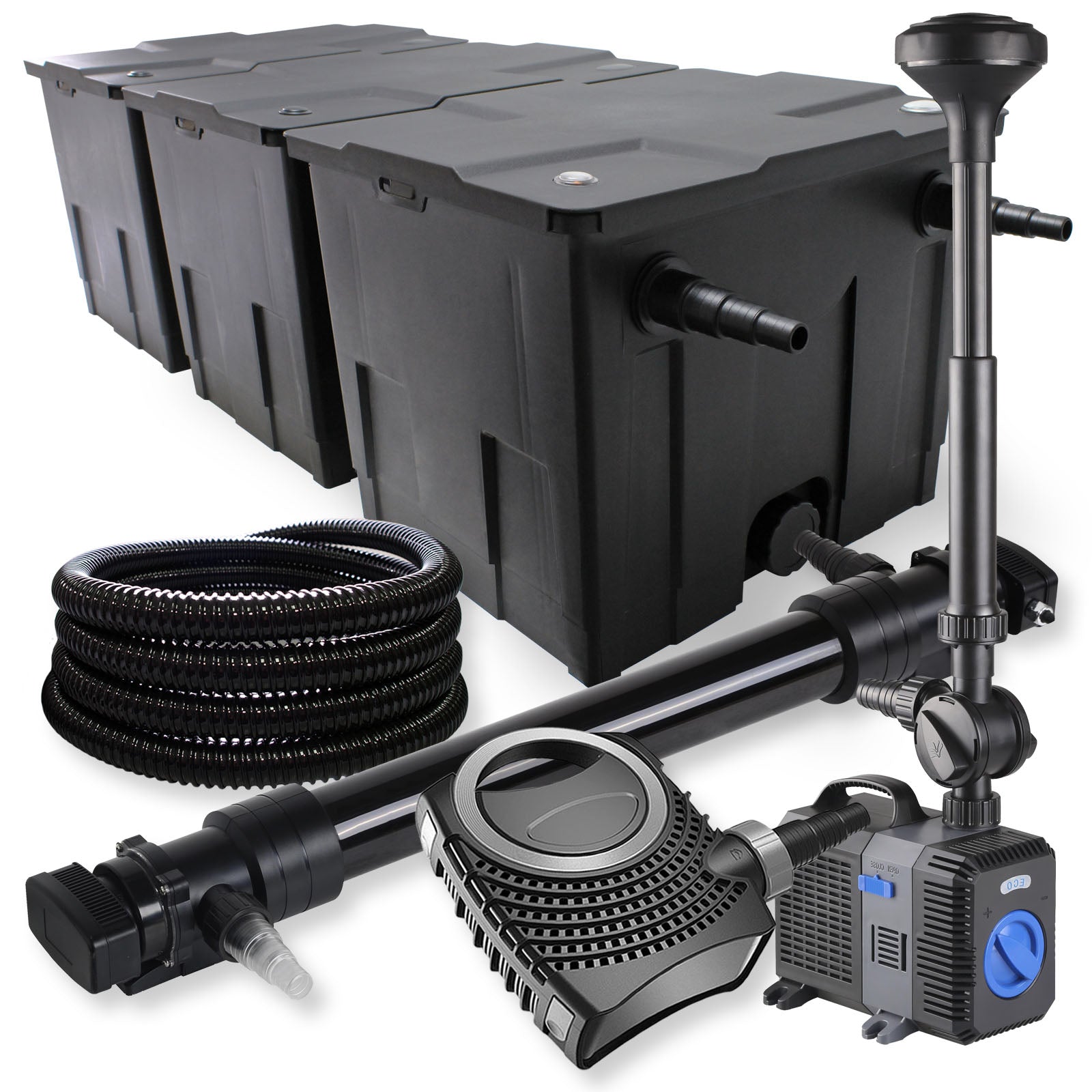 Set Filtro a 3 camere 90000l Chiarificatore UVC 72W Pompa NEO10000 80W Tubo Fontana