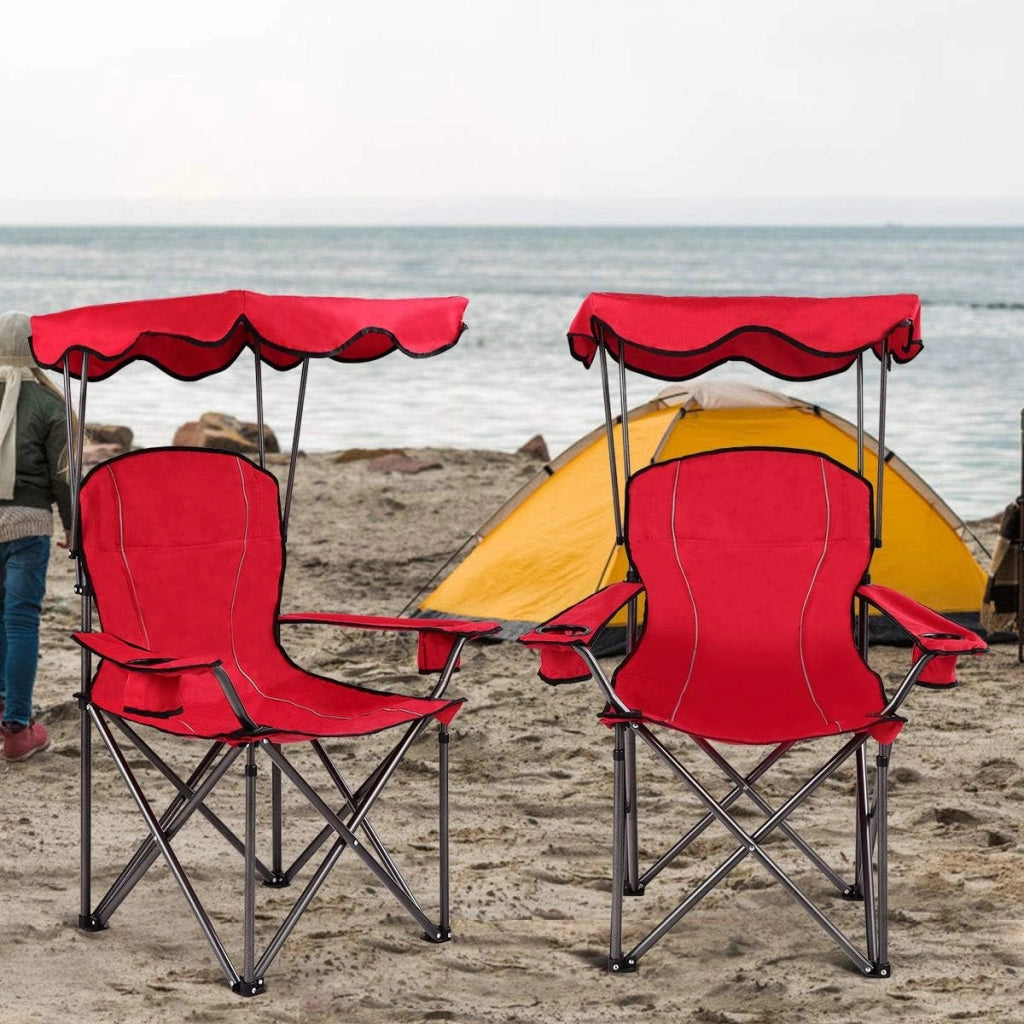 Sedia da campeggio con baldacchino, ombra, sedia da spiaggia e beach chair, pieghevole, con portabevande e borsa, per esterni, fino a 130 kg (rosso)