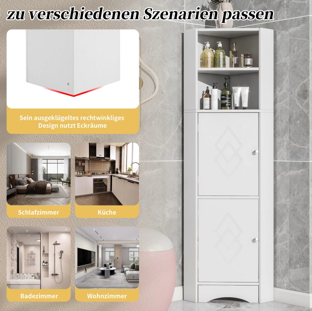 Mobile angolare da bagno triangolare con vani aperti e ripiano regolabile; bianco