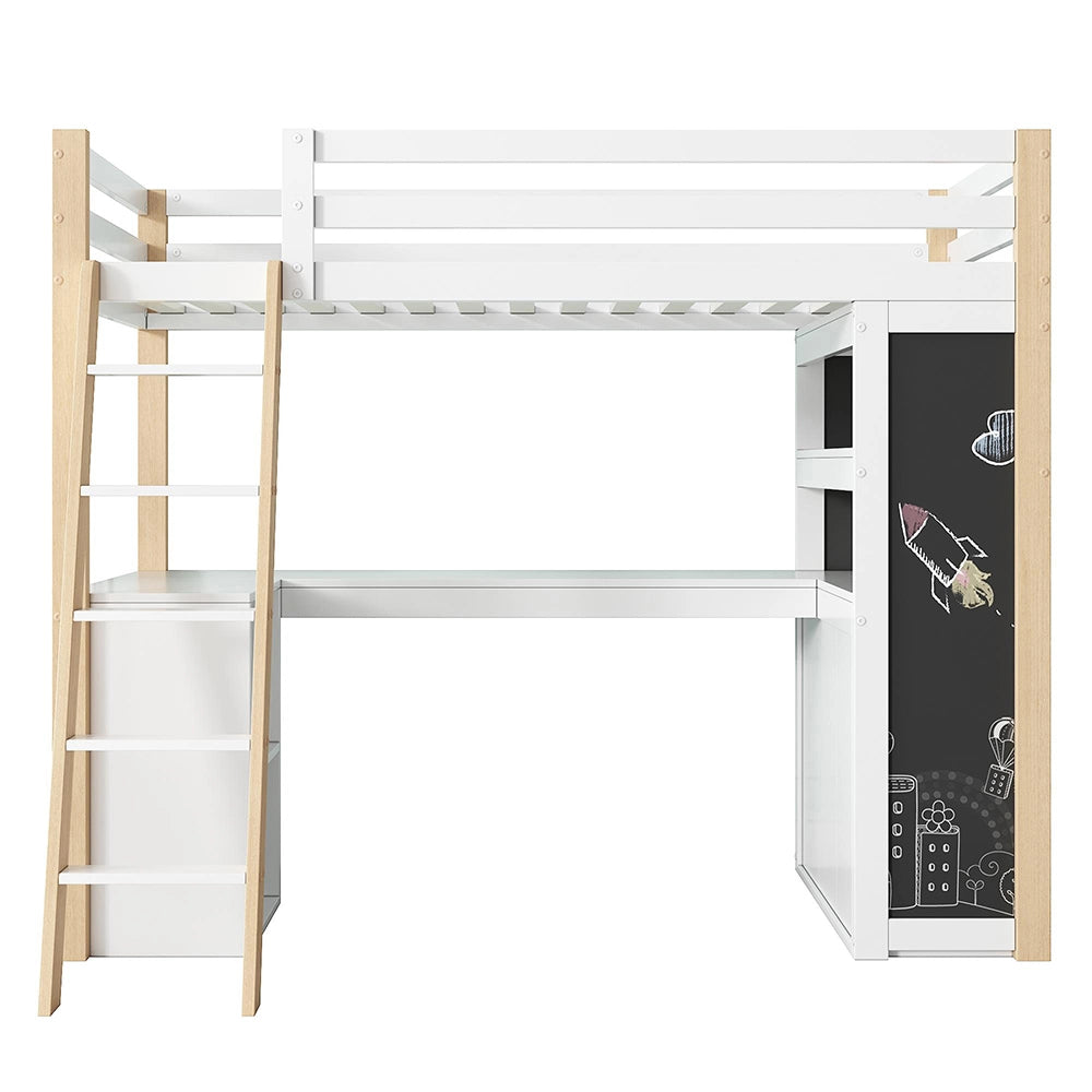 Letto a castello 90x200cm - Xylo - bianco/naturale, lavagna, ripiani