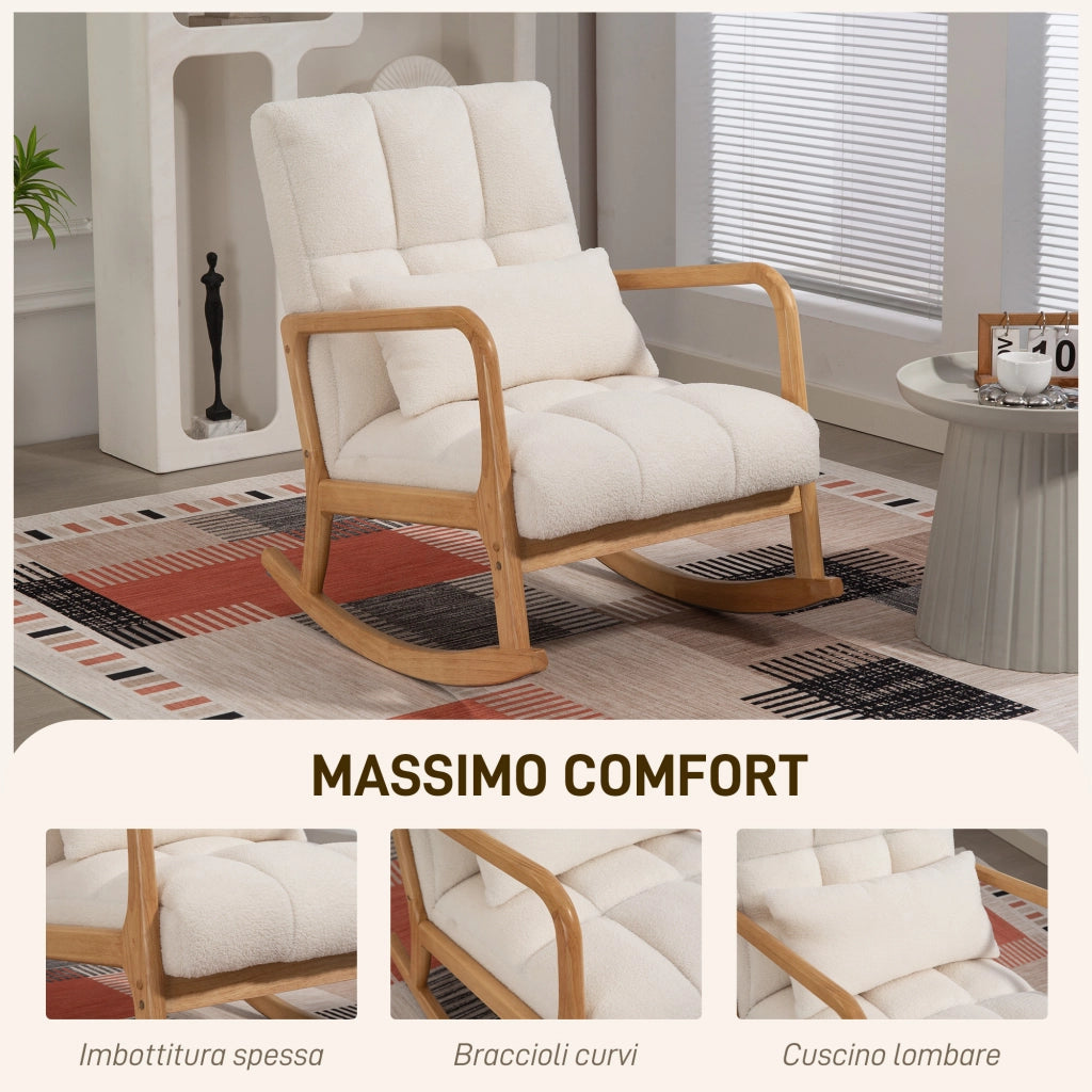 Poltrona a Dondolo 90°-130° 64,5x82x89 cm con Cuscino Lombare in Tessuto Sherpa Bianco
