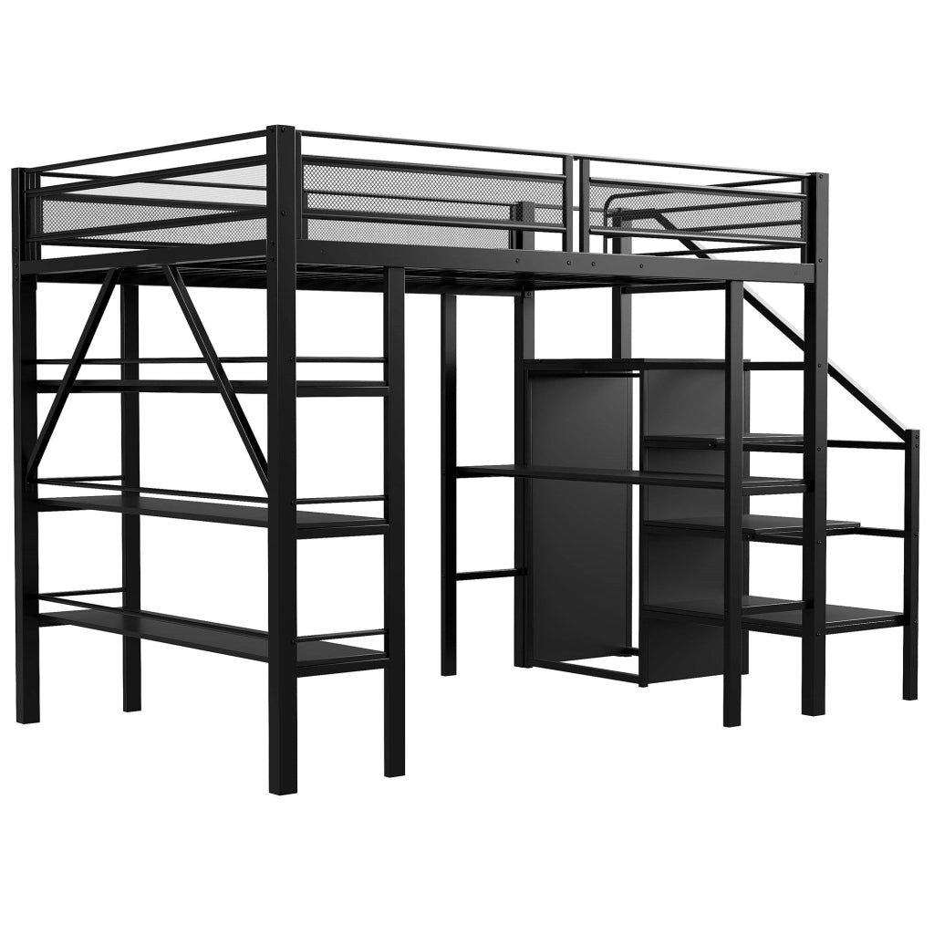 Letto a soppalco modulare 140x200 cm in metallo nero con scrivania; ripiani e armadio