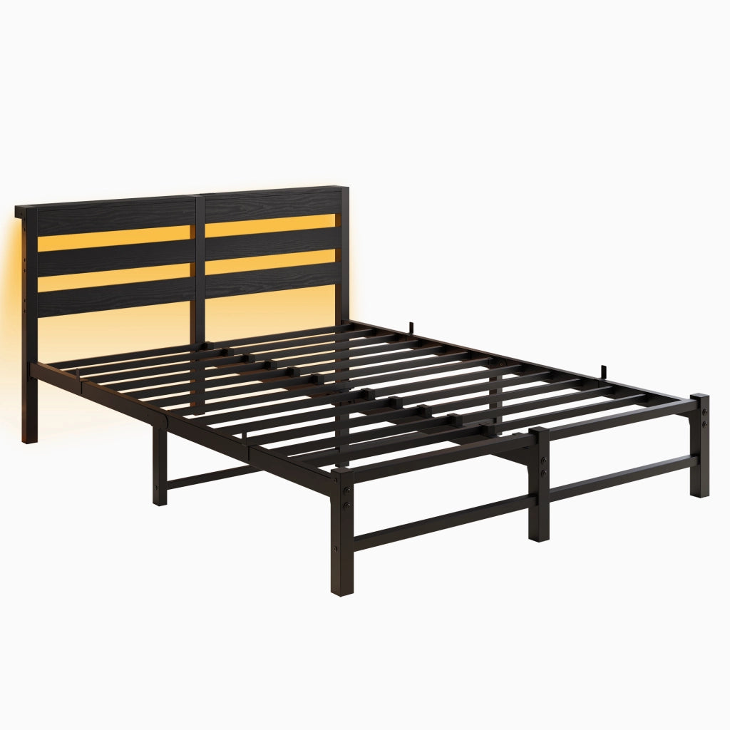 Letto per adulti 140 × 200 cm con LED RGB, 2 porte USB, contenitore sotto il letto, senza materasso, nero