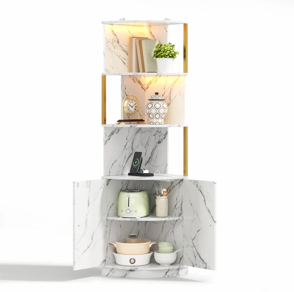 Mobile angolare alto con vani aperti e ante; 38 x 38 x 180 cm; in MDF bianco