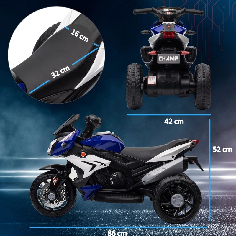 Motocicletta elettrica per bambini, con luci e suoni, 3 km/h, ricaricabile, in plastica e metallo, blu/bianca