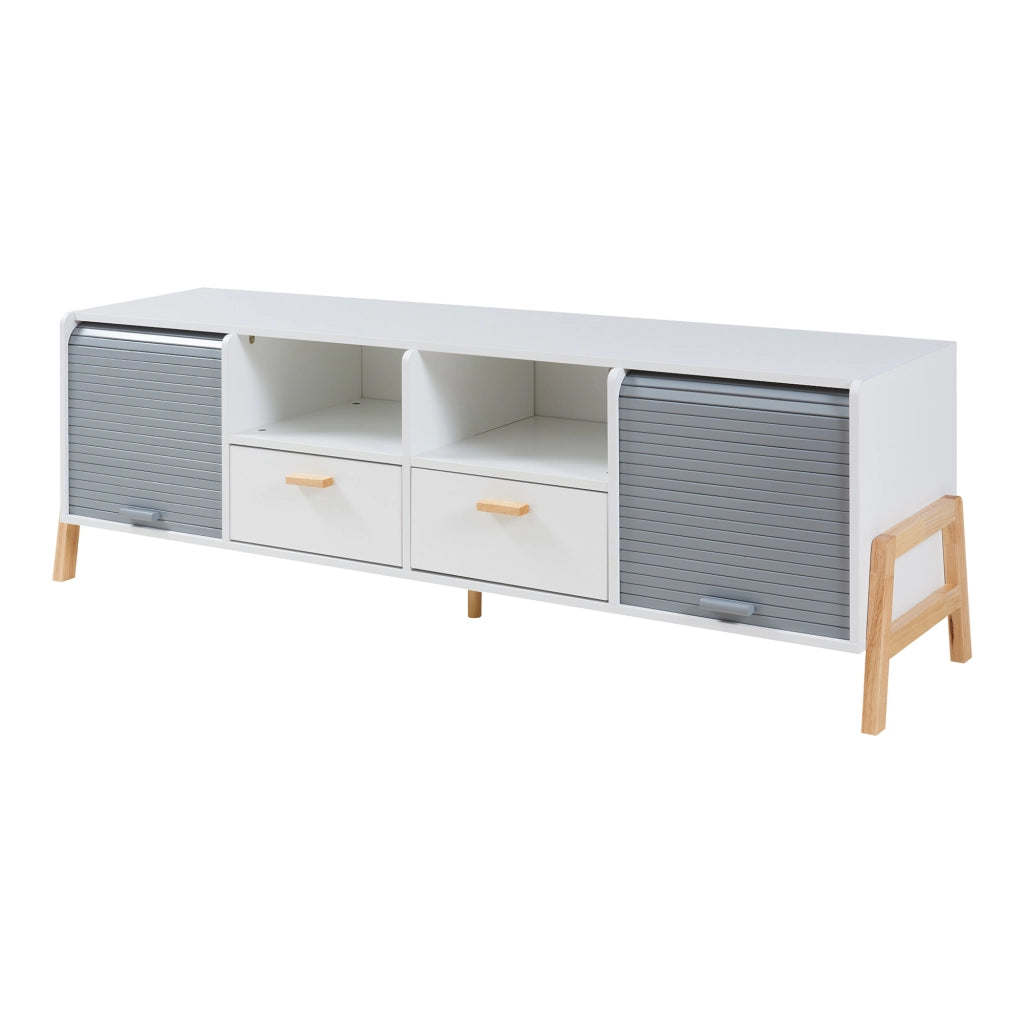 Mobile Porta TV Kvaefjord con Casseti Scomparti Aperti e Ante a Serranda - Bianco/Grigio [en.casa]