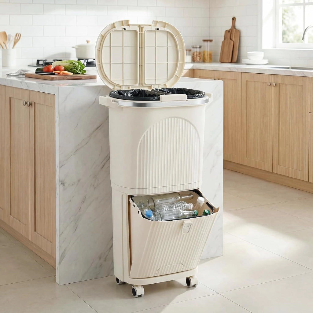 Bidone per Spazzatura Interno 38 L, Pattumiera da Cucina Differenziata a 3 Scomparti con Ruote e Maniglie, Secchio dei Rifiuti in PP on Coperchi a Pressione e Pedale (Beige)