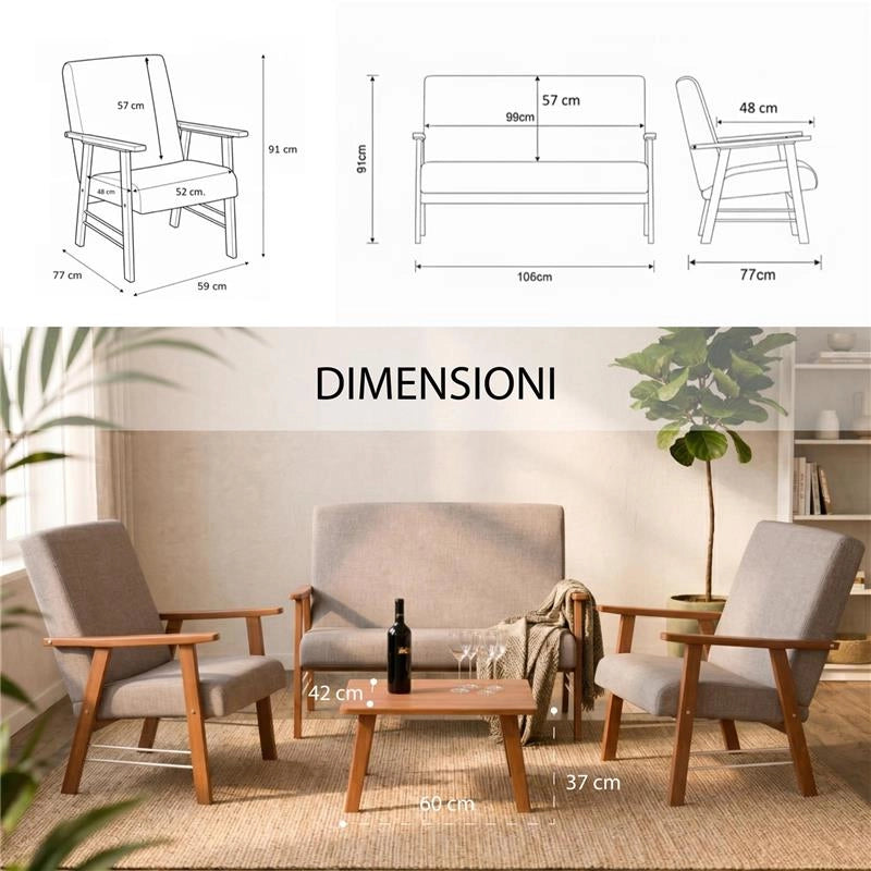 SET SALOTTO DA GIARDINO CON DIVANO, 2 POLTRONE + TAVOLINO IN LEGNO TABACCO E TESSUTO COLORE BEIGE