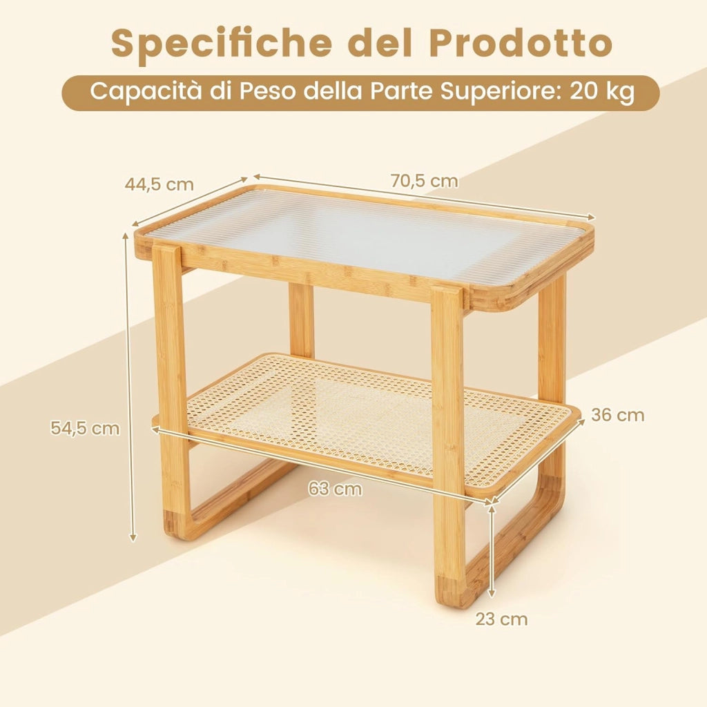 Tavolino Laterale in Bambù, Tavolino da Salotto a 2 Ripiani con Piano in Vetro e Ripiano in Rattan PE, Tavolino Basso e Multiuso per Camera da Letto e Soggiorno