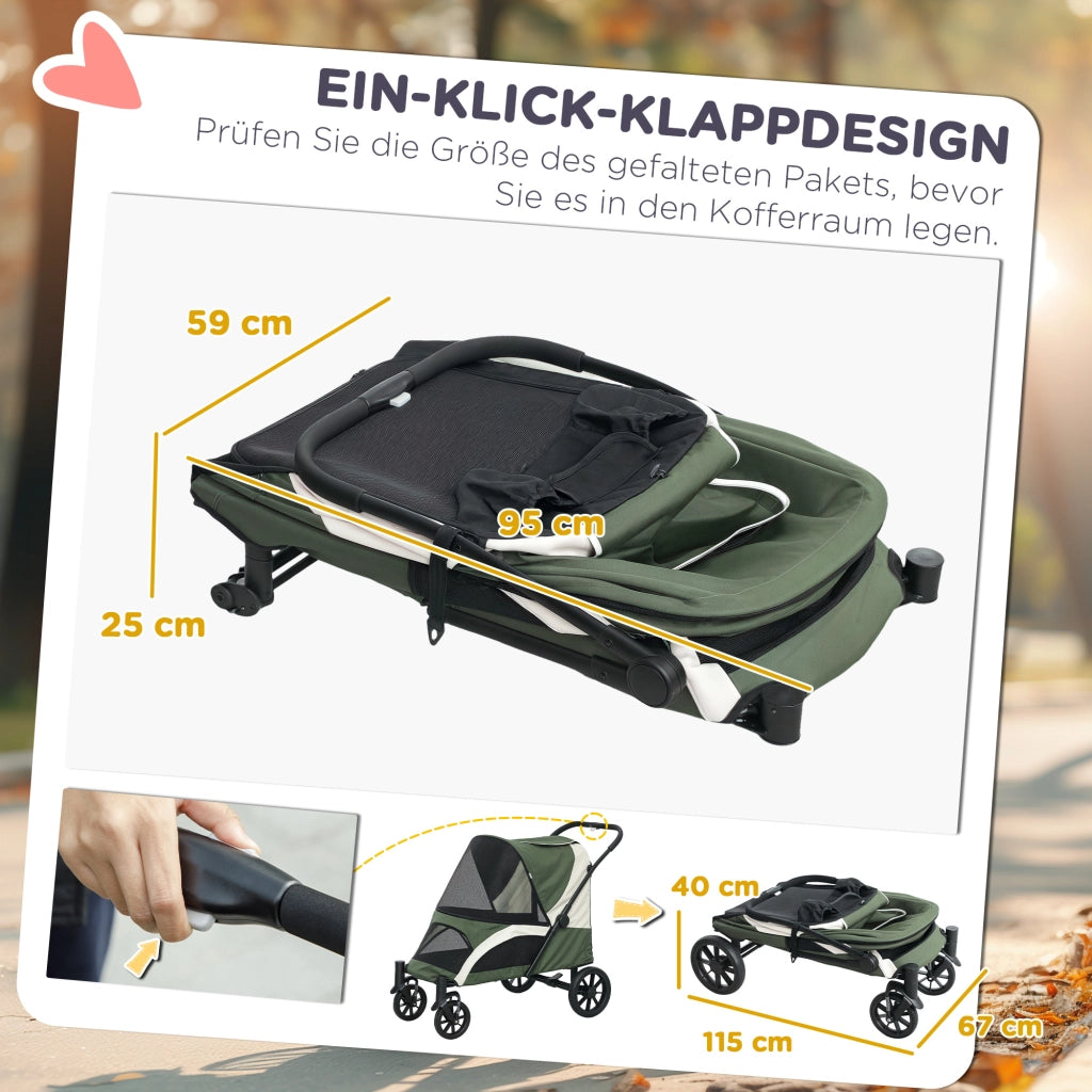 Carrello pieghevole con chiusura a un clic e ruote rimovibili per cani e gatti fino a 30 kg, poliestere, verde scuro