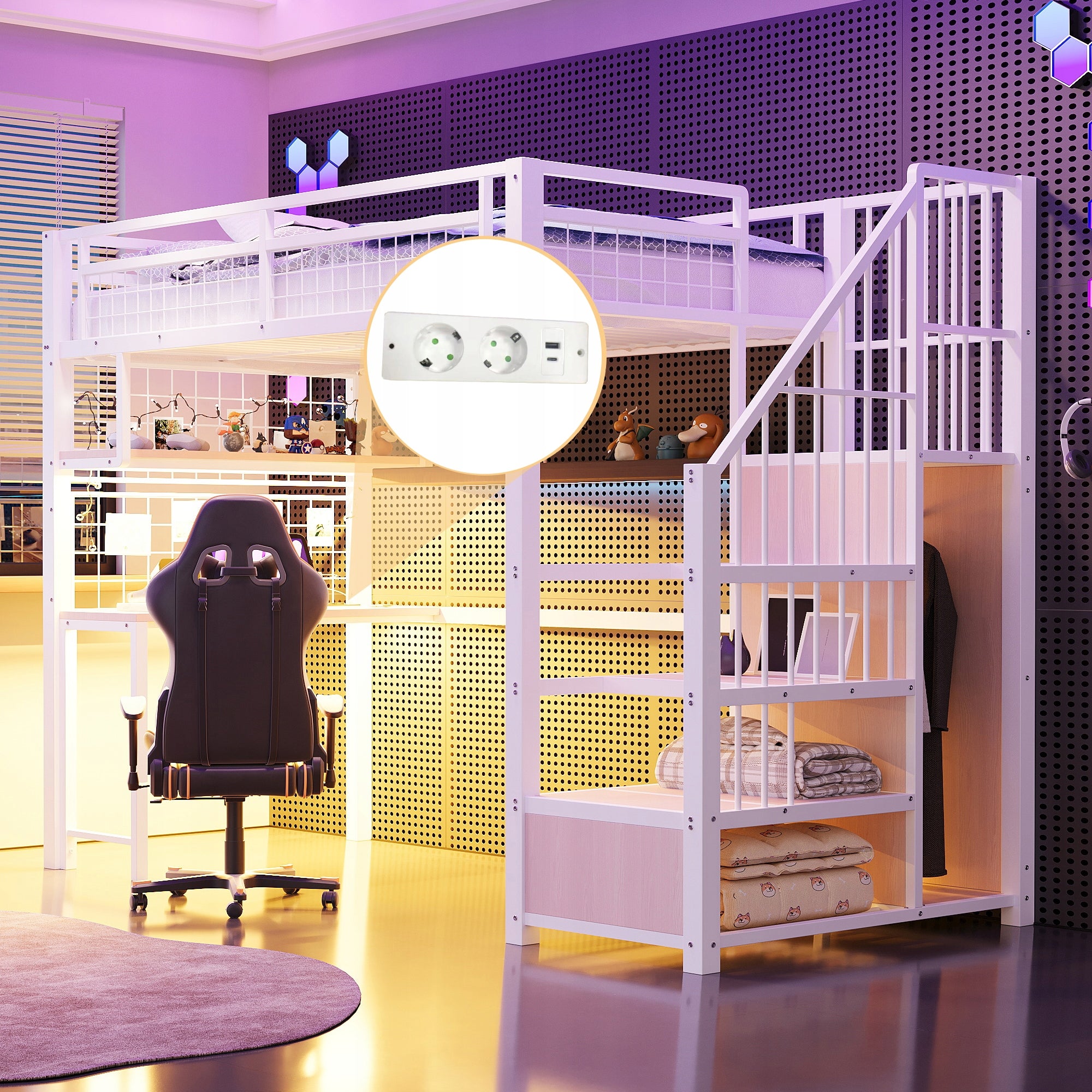 Letto a castello 90x200 - Xylo - Bianco con illuminazione e presa