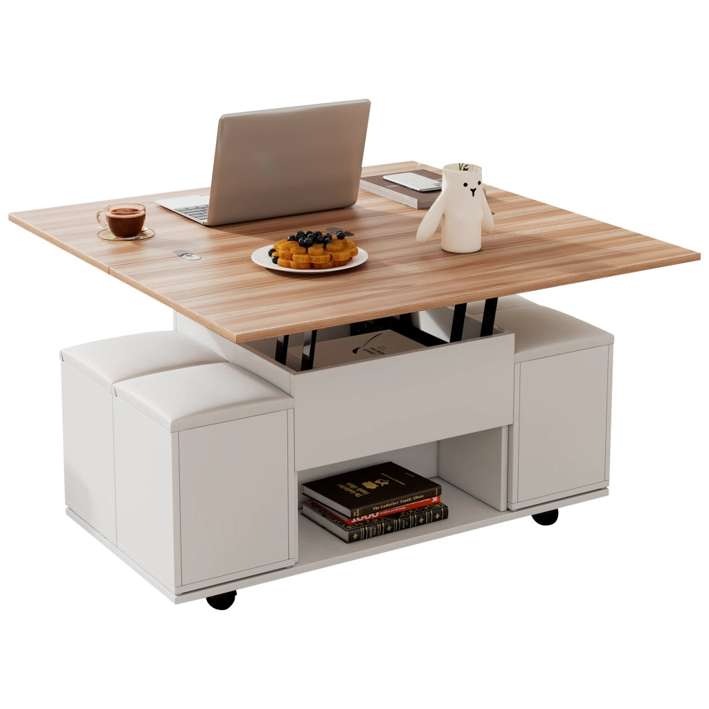 Tavolino da salotto regolabile in altezza 2 in 1 con contenitore, piano sollevabile, ruote e 4 sgabelli, bianco e legno naturale