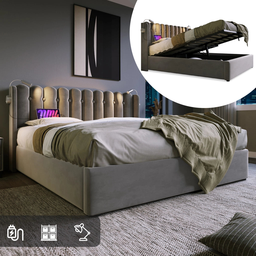 LETTO Contenitore 160x200 cm Velluto Grigio con USB e luce da lettura