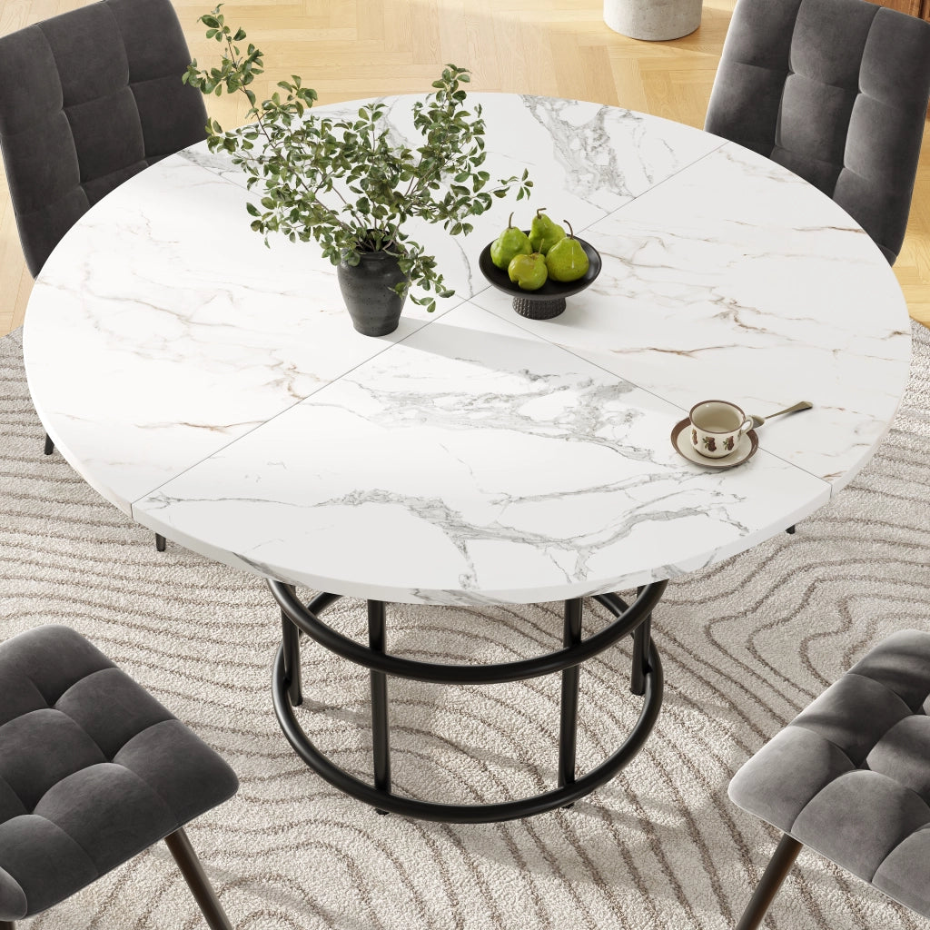 Tavolo da Pranzo Rotondo ¨C Xylo ¨C Piano Effetto Marmo MDF, Gambe in Metallo Nero, 100x100x76