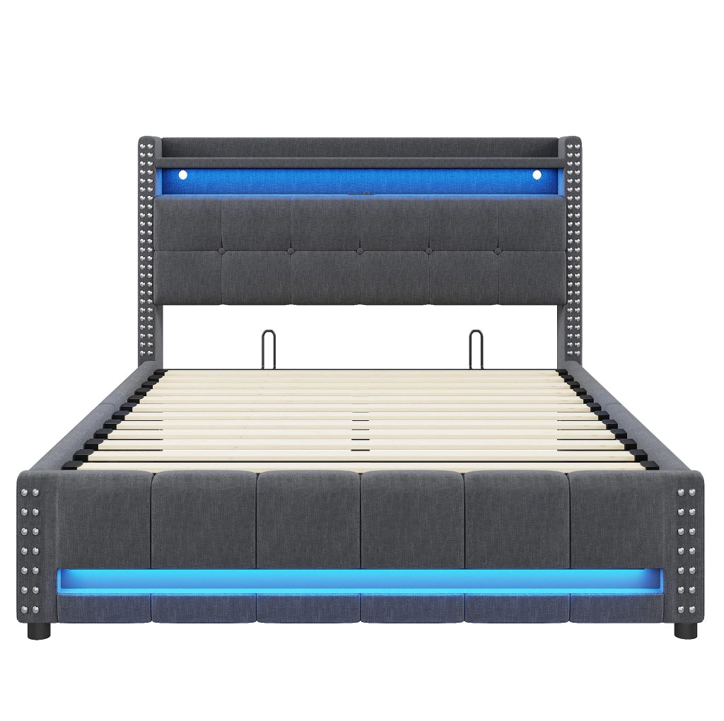 Letto matrimoniale imbottito 160x200 cm con LED, USB e contenitore