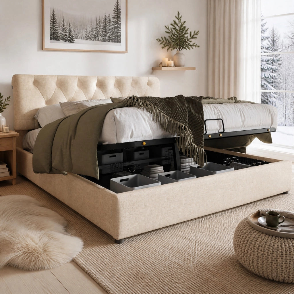 Letto imbottito 140x200 cm con contenitore e testiera regolabile