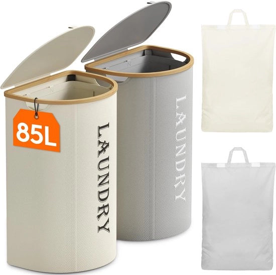 170L Wasmachine 2-pack, grande vasca con coperchio, 2 vasche con 2 sacchi di lavaggio estraibili, vasche pieghevoli per la camera da letto e la zona lavanderia, bianca e argento grigio.