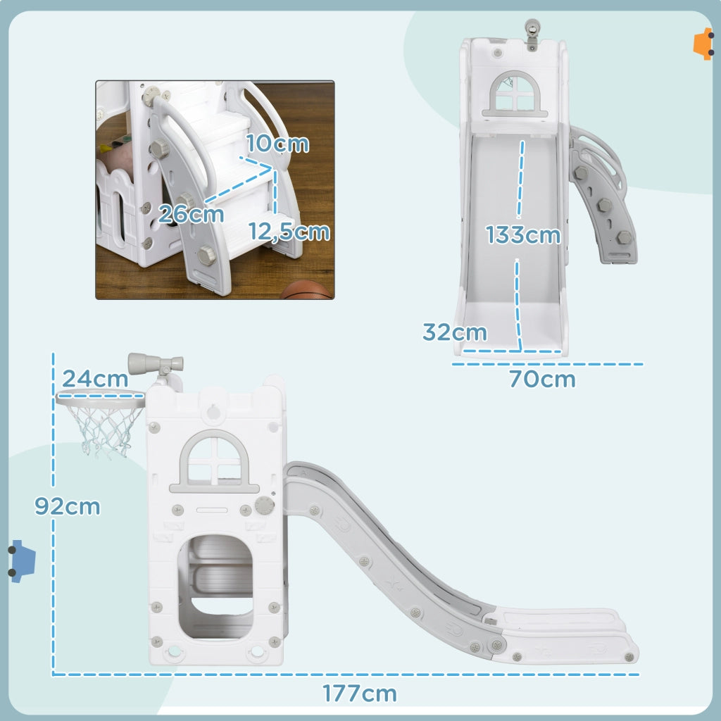 Scivolo per bambini 5 in 1 con canestro e struttura di arrampicata telescopica ¨C Xylo ¨C Grigio 70x177x92cm