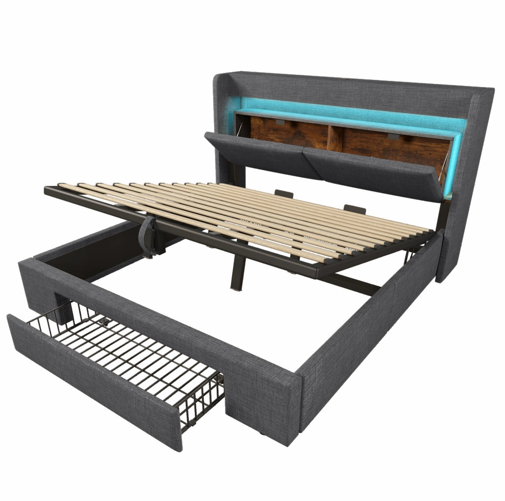 Letto imbottito 180x200 cm con contenitore idraulico, LED e prese USB