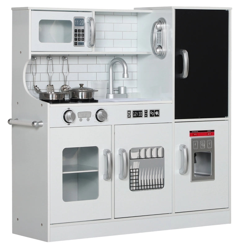 Cucina giocattolo per bambini in legno con lavello, microonde, piano cottura, lavagna e accessori, bianca