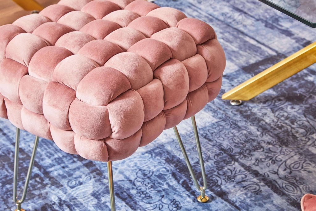 Marvin Pouf in Velluto Intrecciato con Gambe in Metallo Oro Cromato Sophie Poggiapiedi Sgabello per Casa Soggiorno  Rosa