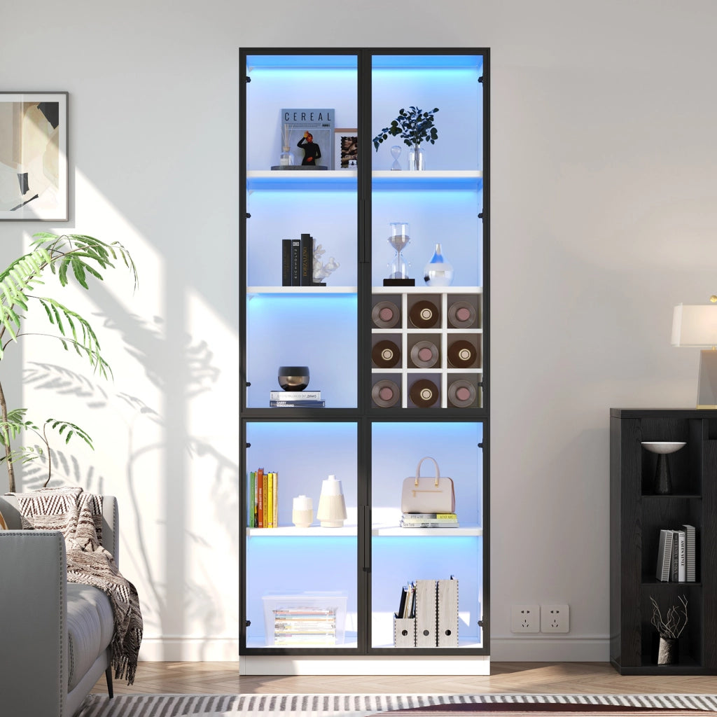 Vetrina con portabottiglie e LED 80x35x200 cm in truciolare bianco e vetro temperato