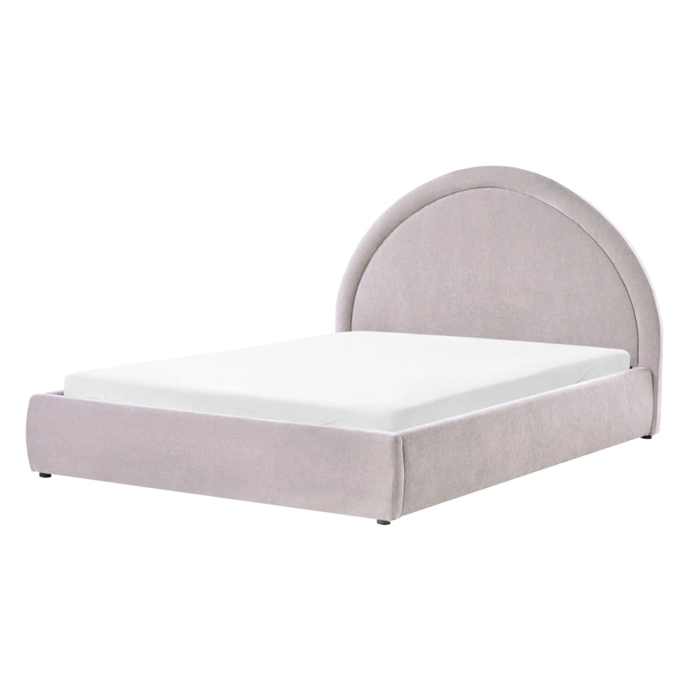Letto imbottito in tessuto di ciniglia tortora 140 x 200 cm, contenitore rialzabile con testiera e rete a doghe