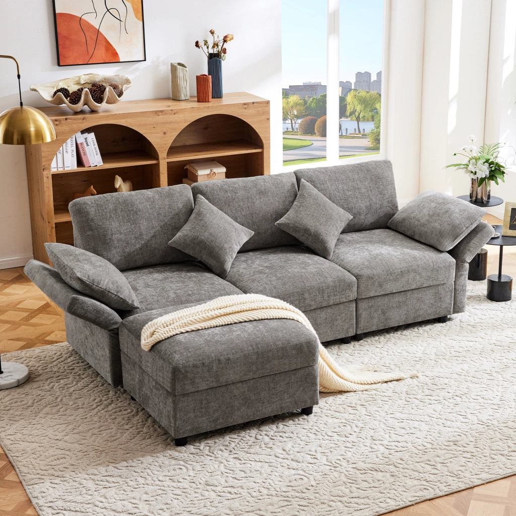 Divano Angolare 3 Posti con Poggiapiedi ¨C Xylo ¨C Grigio, Tessuto Chenille, Cuscini, Braccioli Regolabili