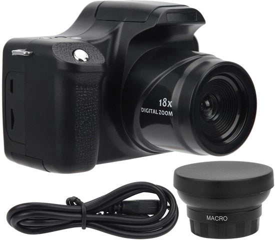 Camera Digitale con Zoom 18x - 24MP - Fotocamera SLR HD - Nero - Ideale per la Fotografia - Compatta e Facile da Usare