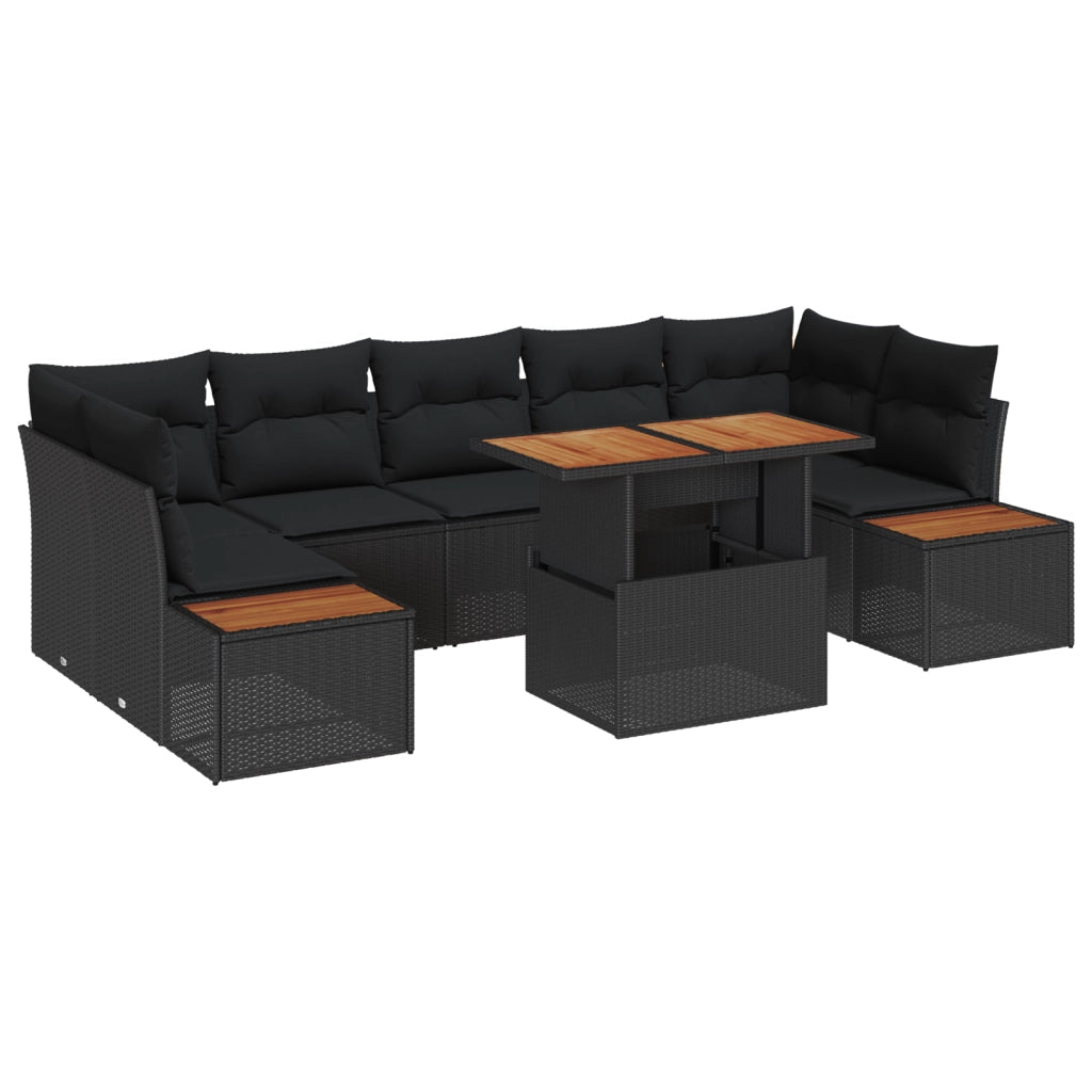 Set Divano da Giardino 8 Pezzi con Cuscini Nero Rattan Polietilene