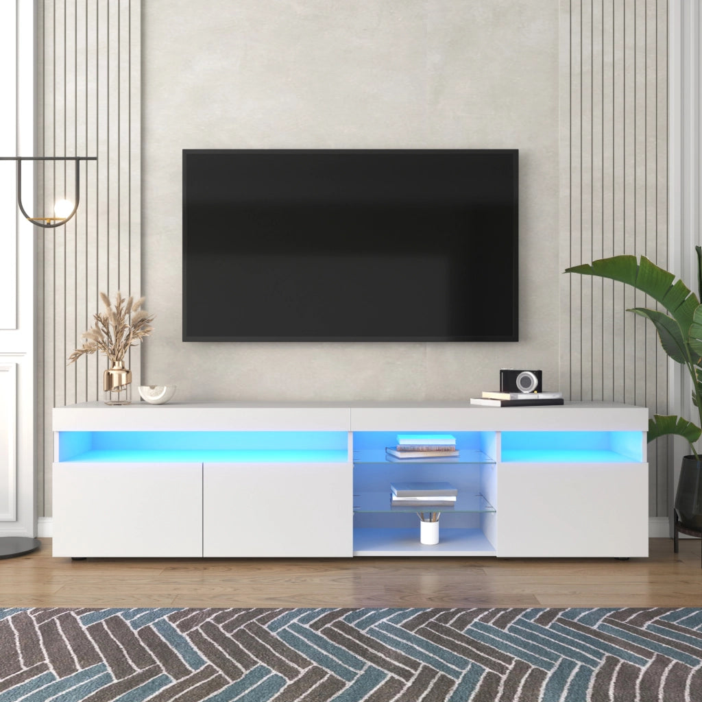 Mobile TV moderno bianco lucido 180 cm con LED variabile e ante in vetro laminato