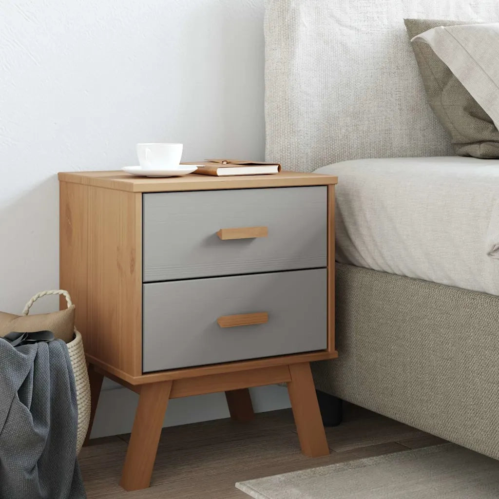 Comodino OLDEN Grigio e Marrone in Legno Massello di Pino 358583