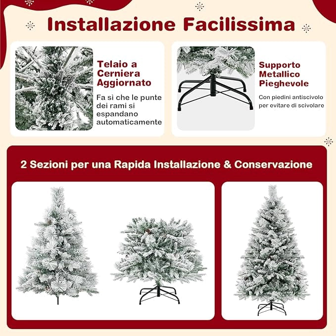 Albero di Natale Innevato 136/180/210 cm, Albero di Natale con 160/240/320 Luci LED, 472/850/1270 Rami di PE e PVC, 26/34/40 Pigne, Aghi di Pino e 8 Modalità di Illuminazione (136 CM)