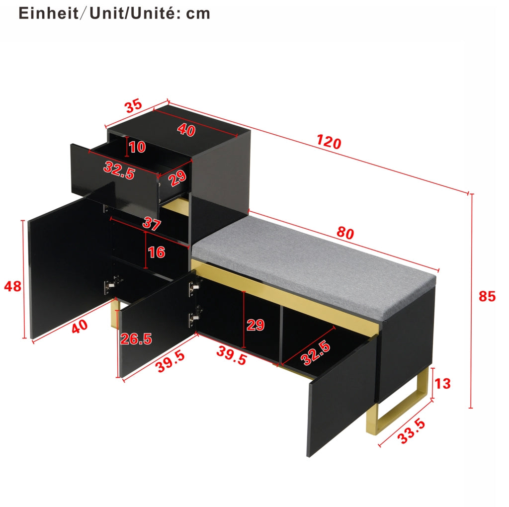 Scarpiera multifunzione con panca e cuscino; 120x35x85 cm; MDF nero lucido con dettagli oro