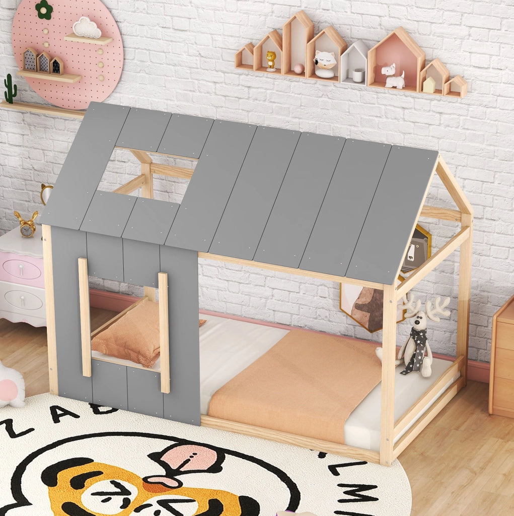 Letto per bambini 90x200 cm a casetta; legno; colore naturale